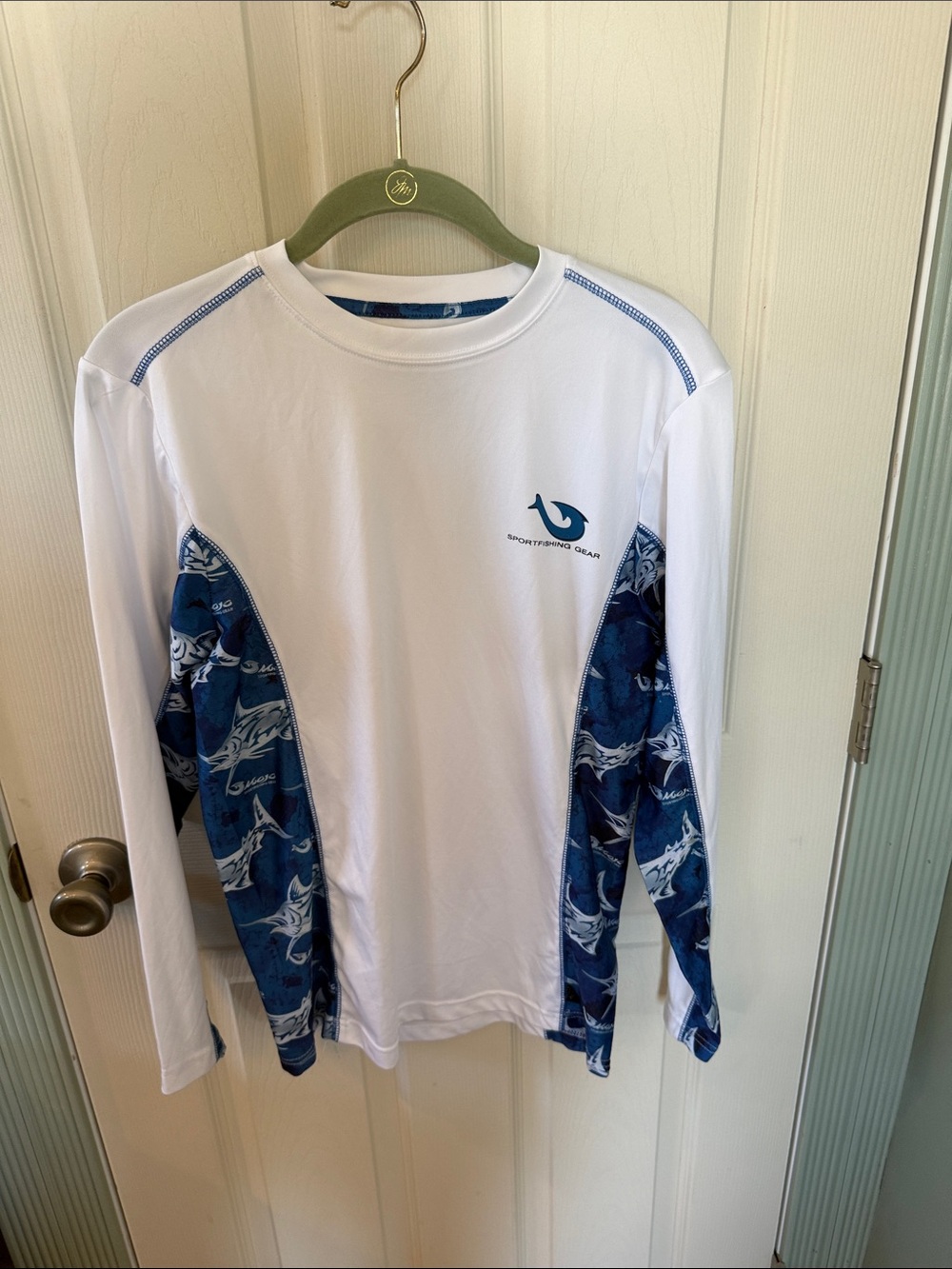 Mojo Saltwater Performance Long Sleeve Shirt with Navy Fish Panels, unisex